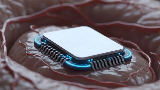 A detailed 3D rendering of a microchip embedded in human tissue