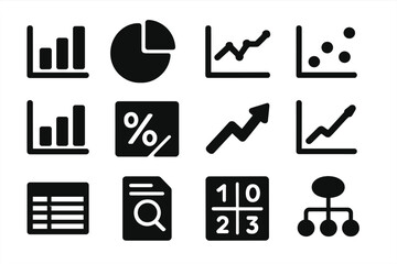 Solid Data Icons. Solid style icons of Data and statistics: bar chart, pie chart, line graph, scatter plot, histogram, percentage