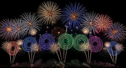 Vibrant fireworks display with spiraling patterns and starbursts in night sky explosion
