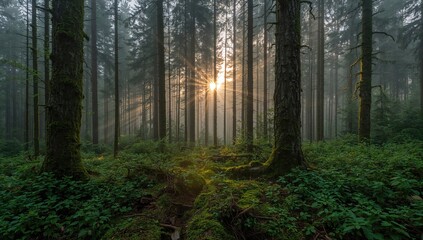 Fototapeta premium Majestic evergreen forest at sunrise, showcasing strong pine trees and lush vegetation, seasonal change