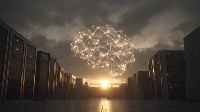 A stunning data center features a floating brain structure made of lights, symbolizing the connection between servers. The vibrant light links nodes above the rows of servers, crea