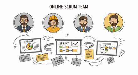 Hand Draw illustration depicting an online agile Scrum team collaborating on project development with digital tools