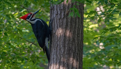 Fototapeta premium Piled Woodpecker in natural habitat, observing tree bark for insects, wildlife preservation