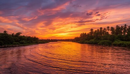 Sunset over a river, showcasing seasonal change