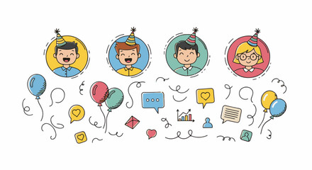 Hand Draw Collection of Diverse Party Avatars and Whimsical Social Communication Doodles for Fun Designs