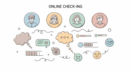 Hand Draw" style illustration of an online check-in process, depicting diverse user avatars, progress bars, and communication feedback elements for digital service interaction