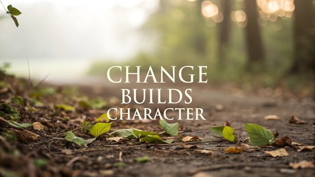 Inspiring text Change Builds Character over autumn leaves on a forest path