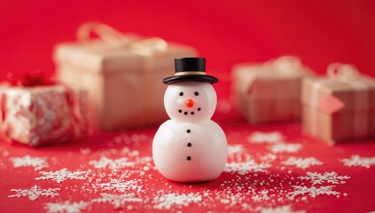 Miniature snowman set against a vibrant red backdrop, festive decoration