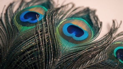 Fototapeta premium Close-up of peacock feathers, showcasing vibrant textures and colors, perfect for editorial backgrounds