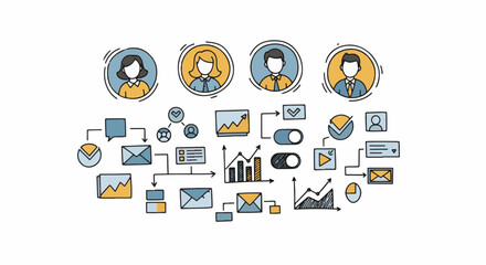 Hand Draw business communication and data analytics concept doodle for digital marketing and strategic team insights