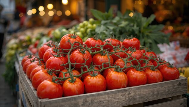 Fototapeta Ripe farm tomatoes from a street market, benefits of fresh produce
