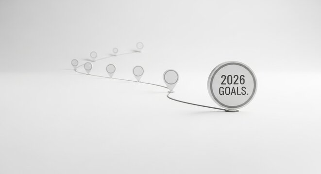 Roadmap or timeline with location pins leading to a final destination pin for 2026 goals