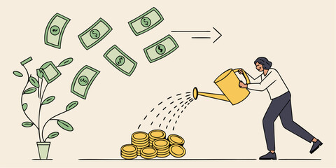 Cultivating financial growth, woman watering money plant, investing for future returns, building wealth and prosperity, vector art symbolizes growth