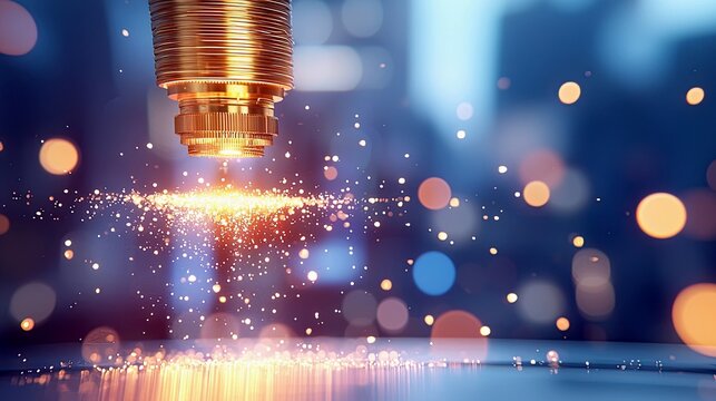 A close-up shot of a golden industrial nozzle emitting a stream of bright orange sparks and light, creating a dazzling effect against a blurred blue and orange