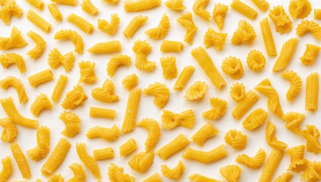 Assorted yellow pasta shapes on a white background, ideal for culinary design
