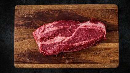 Raw beef brisket displayed on a wooden cutting board, suitable for cooking preparation