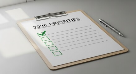 Checklist on a wooden clipboard titled 2026 Priorities with a pen lying next to it