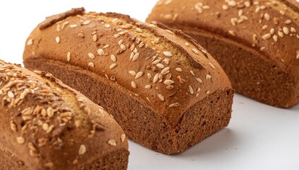 Close-up of freshly baked whole grain bread loaves, showcasing wholesome ingredients, food preparation awareness