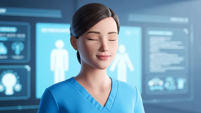 A digital nurse avatar smiling in a healthcare environment