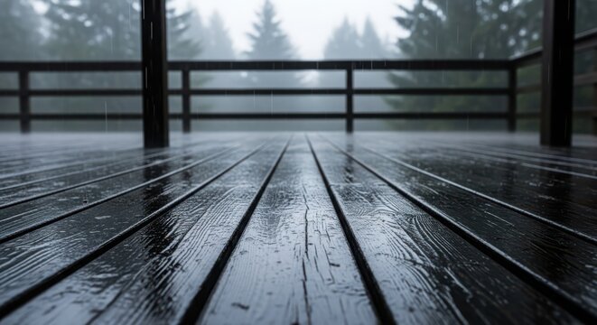 Rain falling on a dark wooden deck with pine trees in the background, creating a moody and atmospheric scene - Powered by Adobe