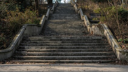 Fototapeta premium The crumbling concrete stairs in a park highlight a neglected and unsafe environment, necessitating repairs for urban safety
