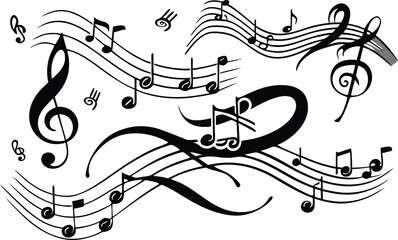Musical notes and staff lines, black and white graphic illustration