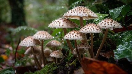 Fototapeta premium Close-Up View of Mushrooms with Water Droplets in a Lush Forest Environment Capturing the Beauty of Nature and Fungi Growth in Autumn Season