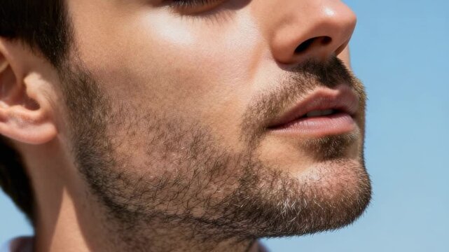 Close-up of a man with a beard touching his neck. Detail of a male jawline and healthy skin in the sun. Men's grooming and skincare concept
