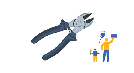 Diagonal cutting pliers, an essential hand tool, shown next to stylized figures depicting teamwork, innovation, and creative problem-solving concepts.