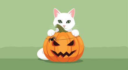 A cute white cat with green eyes peers from behind a cheerful jack-o'-lantern adorned with a spider, celebrating the spirit of Halloween.
