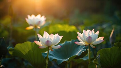 Obraz premium White lotus flowers blooming under sunlight, symbolizing seasonal change
