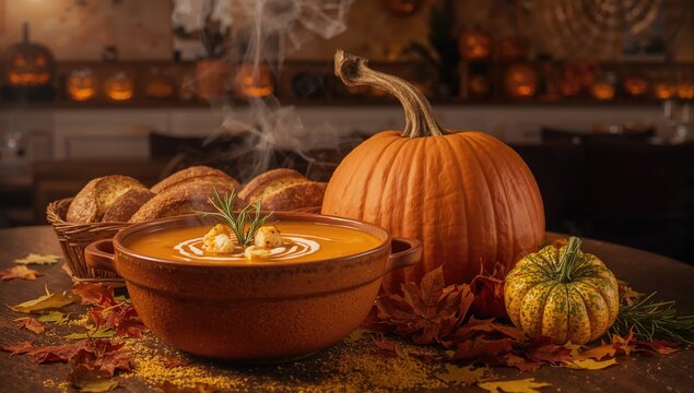 Pumpkin soup and raw pumpkin, fiber-dense choice, Halloween time