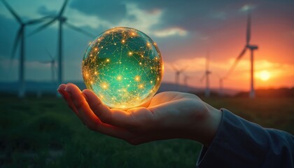 Human hand holds glowing sphere displaying interconnected network pattern. Wind turbines stand in field during vibrant sunset. Image represents global sustainable energy, digital tech, innovation,