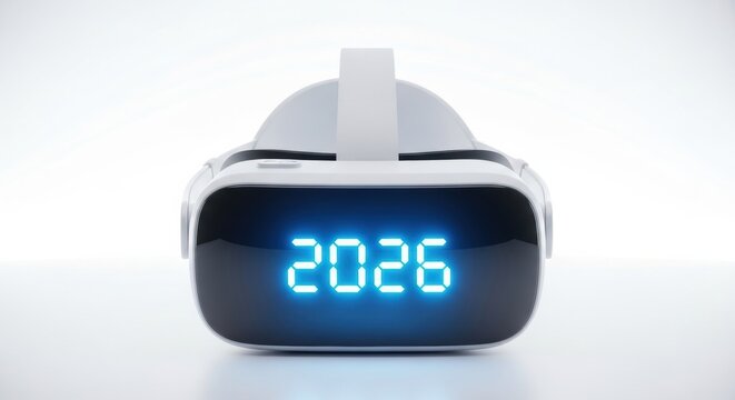 Virtual Reality headset showing the number 2026 in glowing blue futuristic digital text