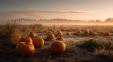 Sunrise bathes a pumpkin patch in soft light, creating a tranquil, autumnal scene