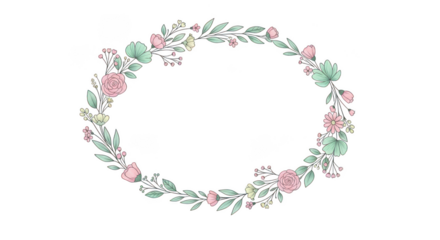 Delicate floral wreath with soft pink and mint green blossoms isolated on transparent background