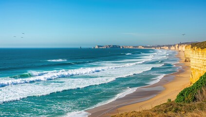 Obraz premium Nazare North Beach features vibrant blue, foamy waves, ideal for water sports enthusiasts