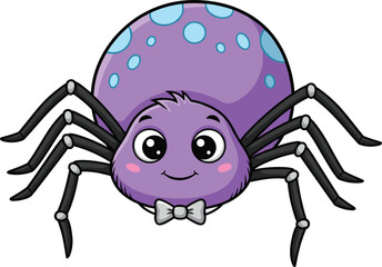 Cute cartoon purple spider character, friendly insect illustration, cheerful face, bow tie spider, kids design, whimsical bug, smiling spider art