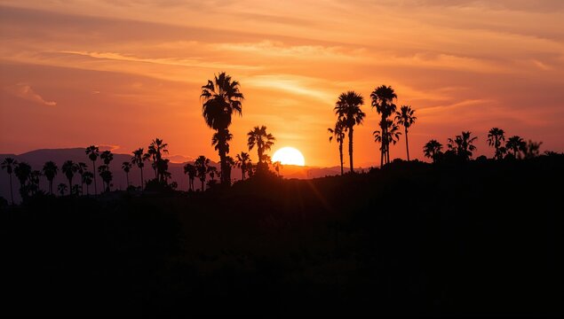 Palm trees silhouetted against an orange sunset, a tranquil evening setting