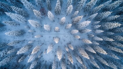 Obraz premium Aerial perspective of a snowy forest, showcasing the larch trees and ski trails, winter exploration opportunity