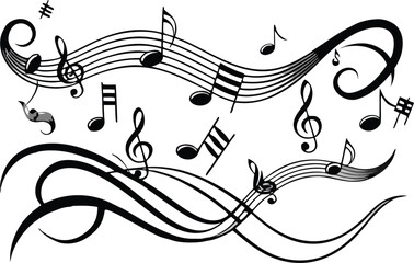 Elegant musical notes and staff design with treble clefs and wavy lines