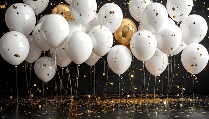 Celebration of white and gold balloons floating with confetti in a dark room with a concrete floor and a black wall background.