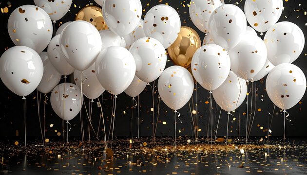 Celebration of white and gold balloons floating with confetti in a dark room with a concrete floor and a black wall background.