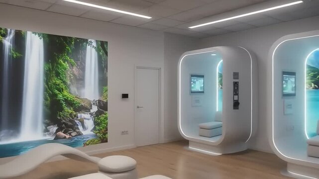 Modern wellness center featuring futuristic treatment pods with scenic nature mural in background