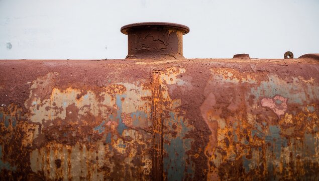 The weathered metal oil storage tank, showcasing industrial decay, erosion risk