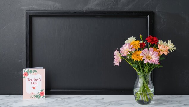 Black chalkboard frame with fresh flowers, ideal for educational materials, Teacher's Day - Powered by Adobe