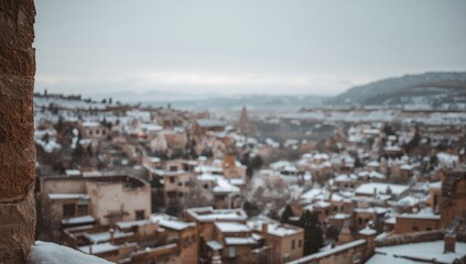 Obraz premium Snowy landscape in Cappadocia, winter scenery from a balcony, tranquil atmosphere