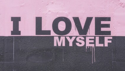 Pink and black wall featuring the phrase I LOVE MYSELF, emphasis on self-love over external validation