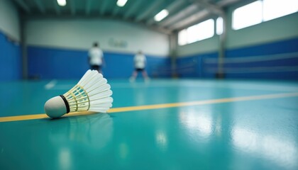 White shuttlecock rests on teal court floor near yellow line. Blurred badminton players stand in background ready to play. Indoor sports arena with bright lights overhead.