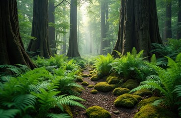 Fototapeta premium Ancient forest path winds through tall trees. Green ferns, moss covered rocks line trail. Sunlight filters through canopy, creating serene natural scene in deep primeval woods. Eco journey concept.